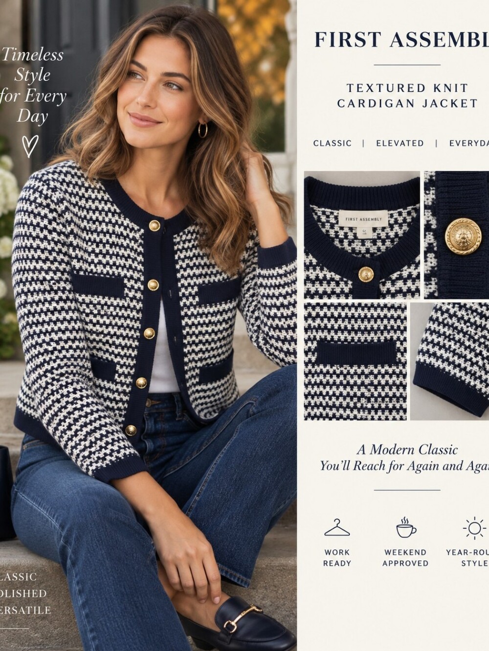 NWT Free Assembly Navy & Ivory Textured Cardigan Jacket – Size L